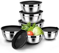 Homikit Noir Acier inoxydable Set de 6 bols à mélanger Couvercle étanche à l'air & fond en silicone