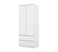 Homlando Armoire de Chambre 2 Portes et 2 Tiroirs, Penderie de Rangement Moderne avec Tringle et Système sans Poignée, Garde-Robe Gain de Place pour Entrée et Bureau, Style Minimaliste (Blanc)