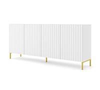 Homlando Commode Wave 42 x 200 x 87 cm avec façades en MDF fraisé, buffet à 4 portes sur pieds en métal doré, pour chambre à coucher et salon, beaucoup d'espace de rangement, blanc mat