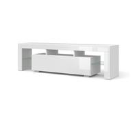 Homlando Meuble TV bas design moderne en MDF pour salon, meuble de rangement sans éclairage LED, panneaux en verre blanc brillant/mat, 160 x 35 x 45 cm