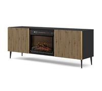 Homlando Ravenna 2D Meuble TV 2D avec cheminée 170 x 42 x 63 cm, 2 Portes, 2 étagères, Design Moderne, Effet Flamme, Pieds en métal Noir, Push-to-Open, Meuble TV pour Salon, Noir Mat/chêne Artisan