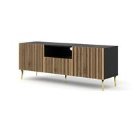 Homlando Ravenna F Meuble TV bas 150 cm avec 2 portes et 1 tiroir, façades en MDF, passe-câbles, pour salon, noir mat/chêne Artisan, pieds en métal doré