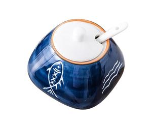 Homoyoyo Pot de Rangement en Céramique Bleu Style Japonerie, Peint à Main | Usage la Cuisine Maison, Matériau Céramique Alimentaire, Format Pratique, Pièce Unique pour Sel et Condiments