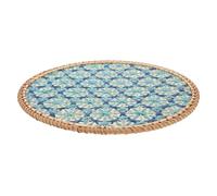 HOMSFOU Dessous de Verre Tressé la Main en Rotin Naturel, Diamètre 30 Cm, Isolation Thermique, sous-Verre Décoratif Rond Bleu Motif Flocon, Plateau Polyvalent pour Thé et Boissons,