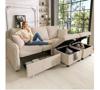 HOMVRA Canapé d’angle modulable 3 places beige avec 2 poufs de rangement, convertible en couchage d’appoint