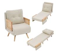 HOMVRA Fauteuil lit 1 place 3 en 1, dossier réglable 5 positions, tissu aspect lin beige, accoudoirs rotin