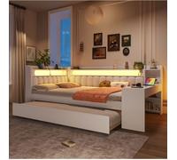 HOMVRA Lit Banquette 140x200 cm - Lit Adulte avec ports USB et LED - Lit Gigogne et Bureau Inclus - Lin Blanc - Sans Matelas