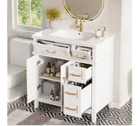 HOMVRA Meuble sous vasque 76×46,5×86 cm - Meuble salle de bain avec vasque en céramique, design protection anti-débordement - Blanc
