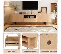 HOMVRA Meuble TV 175 x 40 x 55 cm avec portes a rideau, tiroir, niches ouvertes, MDF, bois naturel