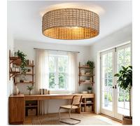 HOMVRA Plafonnier ventilateur en rotin télécommande et application Bluetooth 6 vitesses réversible marron