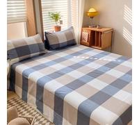 Homxi Drap Housse pour Lit Double et 2 Taies d'oreiller,245 x 250 CM,Cache Sommier Matelassé Coton Motif de Treillis Drap Housse de Surmatelas Bleu Kaki Foncé