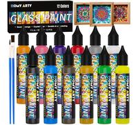 HOMY ARTY Peinture sur Verre 12 x 30ml avec 2 Pinceaux, Peinture Vitrail Imperméable Transparente, Kit Peintures pour Verre Permanent Sans Cuisson pour Verre, Céramique, Ampoules et Fenêtres