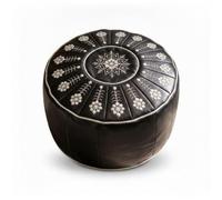 Homyl Pouf de Rangement Rond Brodé Cuir Huilé Ottoman Coffre Rembourré Banquette Décorative Ouverture Inférieure Zippée Adapté au Salon Chambre Instants Relaxants, Noir, Fleur Améliorée