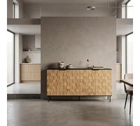 HOMYLIN Buffet aspect bois 160 x 35 x 80,5 cm, buffet à 4 portes avec façade en mosaïque, plaque noire et pieds en métal pour salle à manger