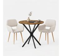 HOMYLIN Ensemble de salle à manger 3 pièces avec table ronde de 80 cm et 2 chaises en tissu avec accoudoirs, table compacte avec décor en bois et pieds en métal pour cuisine et salle à manger