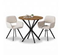 HOMYLIN Ensemble de salle à manger 3 pièces avec table ronde de 80 cm et 2 chaises pivotantes avec accoudoirs, table compacte avec décor en bois et chaises en tissu beige pour cuisine