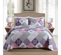 HoneiLife Parure de lit 3 pièces avec Courtepointe pour très Grand lit - Couvre-lit réversible en Microfibre à Motif Patchwork Floral pour Toutes Les Saisons - Petite Rose, Violet