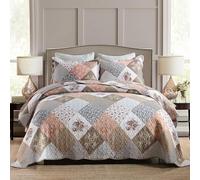 HoneiLife Parure de lit 3 pièces en Microfibre réversible pour Grand lit - Couvre-lit Patchwork Floral pour Toutes Les Saisons, Rose Moka, Grand lit/lit Double