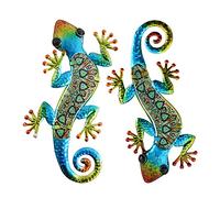 HONGLAND Lot de 2 décorations murales gecko en métal - Lézard - Sculpture en verre à suspendre pour intérieur ou extérieur - Vert