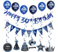 HONGYANTECH Bleu Guirlande 30 Ans Anniversaire Bannière + Triangle Drapeaux + Déco Suspendus + 6 Pcs Ballons 30 Ans Anniversaire Homme