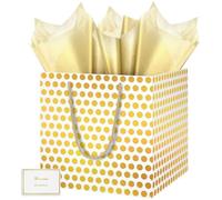 HONTIUS 11.8" Carré Grand Sac Cadeau, Papier Emballage Cadeau Luxe Pochette Points Grand Cadeau Format 30*30*30cm avec Cartes Mouchoirs Pour Fête d'Anniversaire Noël Pâques Halloween Mariage 1Pièces D