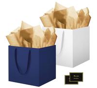 HONTIUS 11.8" Sac Cadeau, 2 Pièces Papier Emballage Cadeau Anniversaire, Carré Pochette Cadeau Ggrand Format Enfant 30 * 30 * 30cm avec 2 Cartes 2 Mouchoirs Pour Fête d'Anniversaire Bleu Blanc