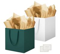 HONTIUS 11.8" Sac Cadeau, 2 Pièces Papier Emballage Cadeau Anniversaire, Carré Pochette Cadeau Ggrand Format Enfant 30 * 30 * 30cm avec 2 Cartes 2 Mouchoirs Pour Fête d'Anniversaire Vert Blanc