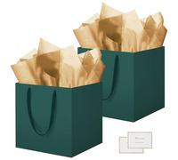 HONTIUS 11.8" Sac Cadeau, 2 Pièces Papier Emballage Cadeau Anniversaire, Carré Pochette Cadeau Ggrand Format Enfant 30 * 30 * 30cm avec 2 Cartes 2 Mouchoirs Pour Fête d'Anniversaire Vert