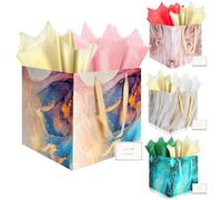 HONTIUS 4 Pièces Sac Cadeau, 11.8" Papier Marbre Emballage Cadeau Anniversaire, Pochette Cadeau Ggrand Format Enfant 30 * 30 * 30cm avec 4 Cartes 4 Mouchoirs Pour Fête d'Anniversaire, Mariage