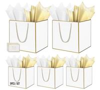 HONTIUS Grand Sac Cadeau, 11.8" Blanc Papier Emballage Cadeau Anniversaire, Carré Pochette Cadeau Ggrand Format Enfant 30 * 30 * 30cm avec 1 Cartes 1 Mouchoirs Pour Fête d'Anniversaire 5 Pièces