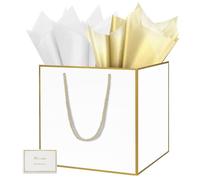HONTIUS Grand Sac Cadeau, 11.8" Blanc Papier Emballage Cadeau Anniversaire, Carré Pochette Cadeau Ggrand Format Enfant 30 * 30 * 30cm avec 1 Cartes 1 Mouchoirs Pour Fête d'Anniversaire 1 Pièces