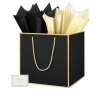 HONTIUS Grand Sac Cadeau, 11.8" Noir Papier Emballage Cadeau Anniversaire, Carré Pochette Cadeau Ggrand Format Enfant 30 * 30 * 30cm avec 1 Cartes 1 Mouchoirs Pour Fête d'Anniversaire 1 Pièces