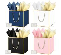 HONTIUS Grand Sac Cadeau, 11.8" Papier Emballage Cadeau Anniversaire, Carré Pochette Cadeau Ggrand Format Enfant 30 * 30 * 30cm avec 1 Cartes 1 Mouchoirs Pour Fête d'Anniversaire Blanc Noir 1 Pièces