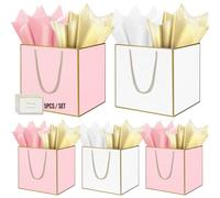 HONTIUS Grand Sac Cadeau, 11.8" Papier Emballage Cadeau Anniversaire, Carré Pochette Cadeau Ggrand Format Enfant 30 * 30 * 30cm avec 1 Cartes 1 Mouchoirs Pour Fête d'Anniversaire Blanc Rose 5 Pièces