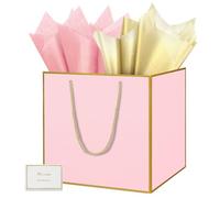 HONTIUS Grand Sac Cadeau, 11.8" Rose Papier Emballage Cadeau Anniversaire, Carré Pochette Cadeau Ggrand Format Enfant 30 * 30 * 30cm avec 1 Cartes 1 Mouchoirs Pour Fête d'Anniversaire 1 Pièces