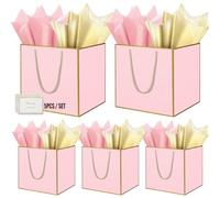 HONTIUS Grand Sac Cadeau, 11.8" Rose Papier Emballage Cadeau Anniversaire, Carré Pochette Cadeau Ggrand Format Enfant 30 * 30 * 30cm avec 1 Cartes 1 Mouchoirs Pour Fête d'Anniversaire 5 Pièces