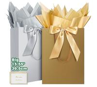 HONTIUS Grand Sac Cadeau, 15.75" Papier Emballage Cadeau Anniversaire, Carré Pochette Cadeau Ggrand Format Enfant 40cm x 30cm x12.5cm avec 1 Cartes 1 Mouchoirs Pour Fête d'Anniversaire 2 Pièces G