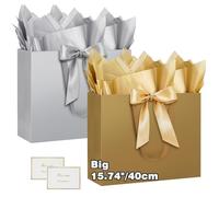 HONTIUS Sac cadeau vertical extra large 40 cm, papier de soie et cartes, 40 x 30 x 12,5 cm, mariage, anniversaire, demoiselle d'honneur (gris doré)