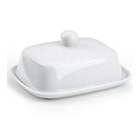 HONZUEN Petit Beurrier Céramique avec Couvercle, Blanc | Porcelaine émaillée | Format compact | Réfrigérateur & plan de travail | Passe au lave-vaisselle | Poignée pratique