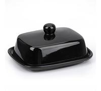 HONZUEN Petit Beurrier Céramique avec Couvercle, Noir | Porcelaine émaillée | Format compact | Réfrigérateur & plan de travail | Passe au lave-vaisselle | Poignée pratique