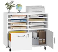 HOOBRO Caisson de Bureau avec Roulettes, Meuble de Bureau, Tiroir Verrouillable et Placard de Rangement, Armoire à Dossiers, 8 Compartiments (6 Étagères Réglables), pour Salon, Blanc EWB55WJ01