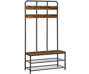 HOOBRO Grand Porte-Manteau, Meuble d’Entrée, avec Banc et Étagère à Chaussures 2 Niveaux, avec 12 Crochets, 100 x 35,5 x 182 cm, pour Couloir, Chambre, Style Industriel, EBF05MT01