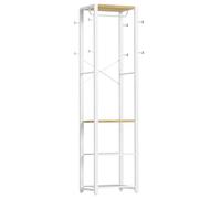 HOOBRO Meuble d’Entrée, Porte-Manteaux avec Étagères à Chaussures, Étagère de Rangement 2-en-1, Meuble d’Entrée avec 3 étagères, 8 crochets et tringle, Blanc et Couleur Bois EWN04YM01