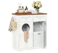 HOOBRO Meuble de Salle de Bain pour Linge Sale, Panier à Linge Double Compartiments inclinés, Placard de Rangement sur Pieds, avec 2 Ouvertures, Blanc et Noyer EWHZ36XY01