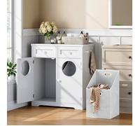 HOOBRO Panier à Linge Double Compartiments inclinés, Meuble de Salle de Bain pour Linge Sale, Placard de Rangement sur Pieds, Blanc