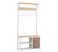 HOOBRO Porte-Manteau étagère Chaussures penderie, Banc, Meuble d'entrée Crochets tiroirs Tissu Non tissé, Salon Couloir, Blanc et Couleur Bois EWN08MT01
