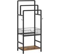 HOOBRO Porte-Serviettes sur Pied avec 3 Barres Métalliques, Panier de Rangement et Étagère, Porte-Couverture avec 1 Crochet, pour Salle de Bain, Buanderie, Marron Rustique et Noir EBF13LB01