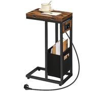 HOOBRO Table Basse Pliable avec Station de Charge, Table d'Appoint en Forme de C avec Poche en Tissu, pour Petits Espaces, Marron Rustique et Noir EBF30CSF01