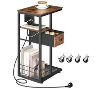 HOOBRO Table d’Appoint en C avec Multiprise (1 AC, 1 USB-A, 1 Type-C) et 1 Tiroir, Table de Chevet, avec 4 roulettes et 4 Pieds Réglables, pour Chambre, Salon, Marron Rustique et Noir EBF79CSF01