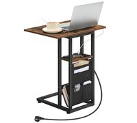 HOOBRO Table d’Appoint en Forme de C, Table Basse Pliant avec Station de Charge et Pochette de Rangement, Bout de Canapé, pour Salon, Chambre, Marron Rustique et Noir EBF101CSF01